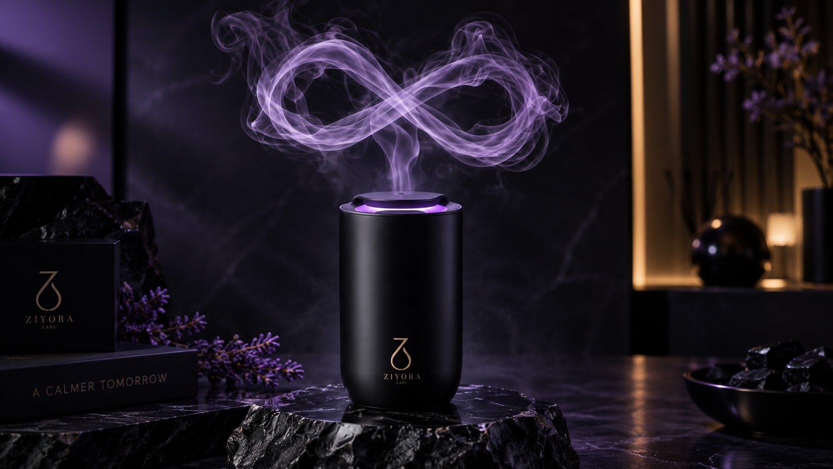 Ziyora portable diffuser releasing fragrant mist on a stone surface