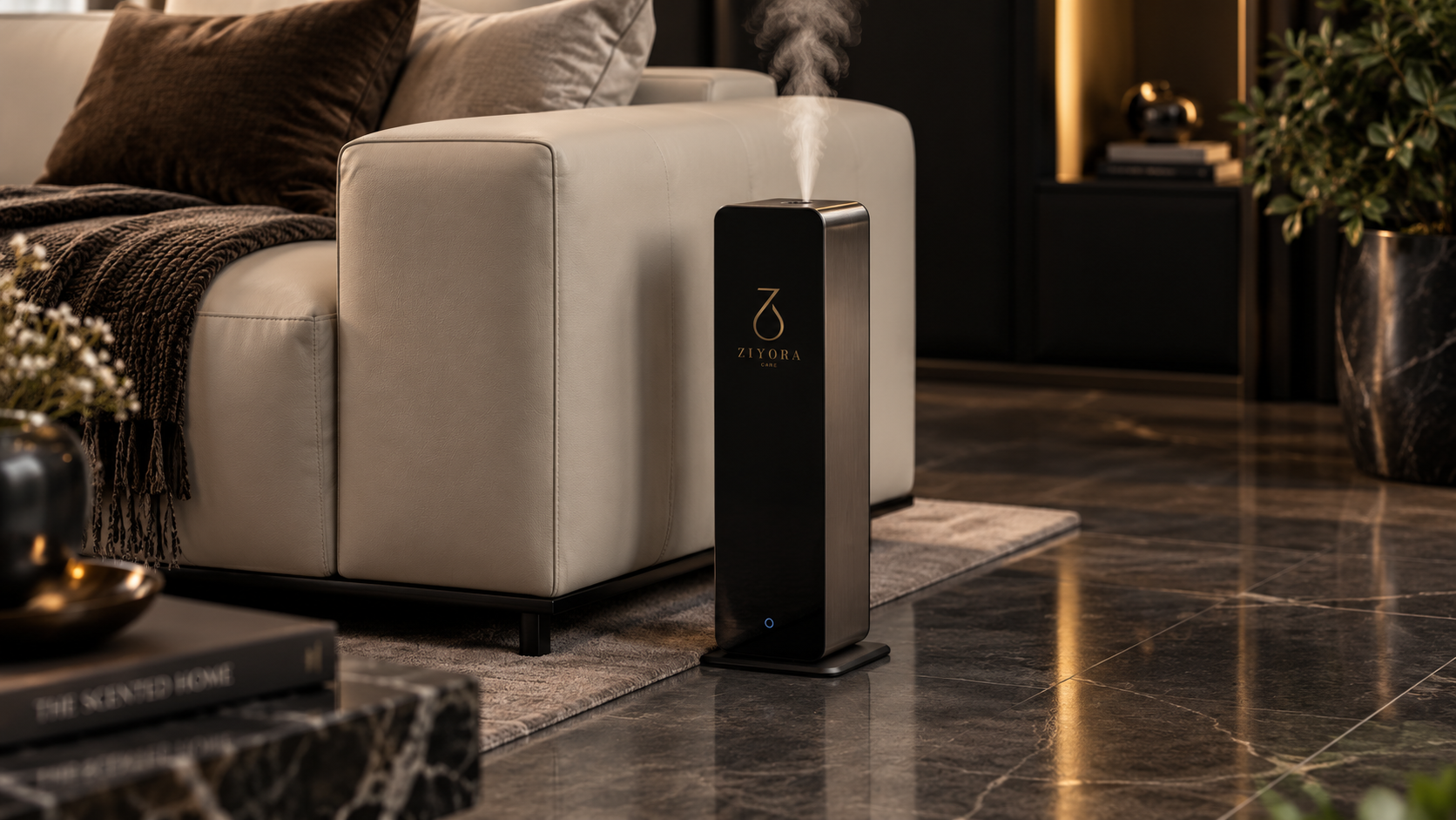 Ziyora Care branded aroma diffuser beside a sofa in a modern living room